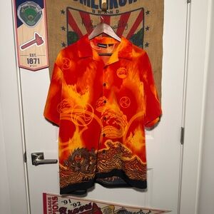Vintage ODO Red Y2K Dragon Button Up Short Sleeve Shirt (M)